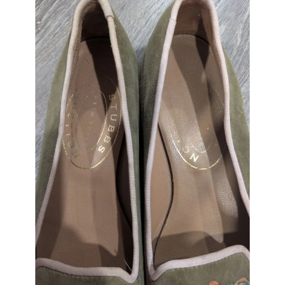Stubbs & Wootton Green Velvet Embroidered Floral Slip-On Loafer Flat Womens 7.5